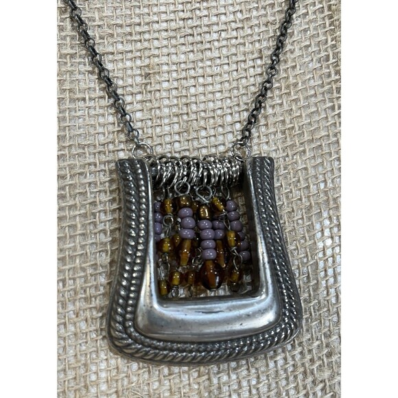 Vintage Artisan Crafted Silver Tone Belt Buckle Link Chain Pendant Necklace - Picture 2 of 7